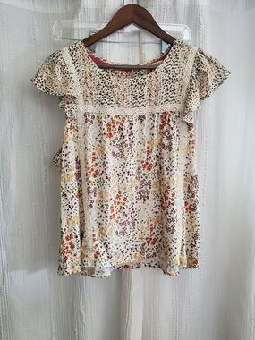 Rewind Cream Floral Lace-Trim Flutter Sleeve Top Womens XL